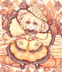 Rule 34 | 1girl, argyle, argyle background, argyle clothes, black collar, black footwear, blonde hair, boots, buttons, cinnamon stick, collar, collared shirt, commentary request, cupcake, diamond button, eyelashes, floral background, floral print, flower, food, food-themed background, food-themed clothes, food-themed hat, fruit, heart, heart of string, highres, icing, komeiji koishi, limited palette, long skirt, long sleeves, looking at viewer, open mouth, orange hair, orange skirt, outstretched arms, palette swap, ro.ro, rose, shirt, short hair, skirt, sleeves past wrists, smile, strawberry, third eye, touhou, white background, wide sleeves, yellow eyes, yellow shirt