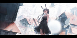 Rule 34 | 1girl, absurdres, animal ear fluff, animal ears, arms behind back, bare shoulders, bird, black dress, black hair, black ribbon, blurry, breasts, brown eyes, building, chimney, city, closed mouth, commentary, cowboy shot, dandelion, dove, dress, flower, fog, hair between eyes, highres, holding, holding flower, industrial pipe, letterboxed, long hair, looking at viewer, medium breasts, original, rabbit ears, ribbon, scenery, sleeveless, solo, standing, yao ren gui