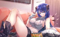 Rule 34 | 1girl, :q, alternate breast size, alternate costume, arknights, artist name, bare shoulders, belt, black shorts, blue eyes, blue hair, blush, boots, breasts, chips (food), commentary request, couch, crop top, crossed legs, door, eating, food, fur collar, fur trim, gloves, halo, jacket, large breasts, licking lips, long hair, looking at viewer, micro shorts, midriff, mostima (arknights), nejikyuu, off shoulder, potato chips, reclining, ribbed shirt, shirt, shorts, sideboob, sleeveless, sleeveless shirt, sleeveless turtleneck, solo, thighs, tongue, tongue out, turtleneck, white gloves, wings