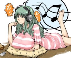 Rule 34 | 1girl, barefoot, beamed quavers, breast rest, breasts, chips (food), eating, enoshima iki, feet, food, headphones, huge breasts, large breasts, long hair, lying, musical note, on stomach, original, pajamas, pillow, solo, the pose, toe scrunch, toes, translation request