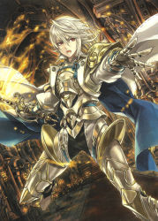 Rule 34 | 1boy, alternate costume, armor, cape, corrin (fire emblem), corrin (male) (fire emblem), fire emblem, fire emblem cipher, fire emblem fates, glowing, glowing weapon, highres, looking at viewer, male focus, nintendo, official art, pointy ears, red eyes, scan, silver hair, solo, spiked hair, sword, weapon, yato (fire emblem)