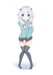 Rule 34 | 1girl, ^^^, absurdres, black thighhighs, blue eyes, blush, bow, closed mouth, clothes tug, commentary request, covering privates, covering crotch, eromanga sensei, full body, green jacket, hair between eyes, hair bow, highres, hood, hood down, hooded jacket, izumi sagiri, jacket, jacket tug, knees together feet apart, looking at viewer, pink bow, silver hair, solo, standing, tears, thighhighs, tiptoes, white background, yasuhisa (18456628)