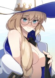 Rule 34 | 1girl, blonde hair, braid, breasts, covering breasts, covering privates, fate/grand order, fate (series), glasses, hat, highres, kiso (wjnomcuzqmdjcql), long sleeves, looking at viewer, medium breasts, no bra, perky breasts, round eyewear, smile, aesc (fate), white hat, witch hat