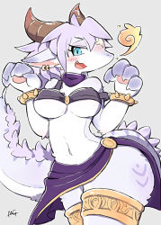 Rule 34 | 1girl, blue eyes, blush, breasts, commentary request, cowboy shot, dragon, dragon girl, dragon horns, fang, feathered dragon, fire, furry, furry female, grey background, highres, horns, large breasts, moriguru77, open mouth, original, purple hair, short hair, simple background, slit pupils, solo