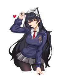 Rule 34 | 1girl, animal ears, arm up, black hair, black pantyhose, blue sweater, breasts, cat ears, closed mouth, contrapposto, cropped legs, girls&#039; frontline, grey skirt, hand on own ear, highres, jonbur man, large breasts, long hair, long sleeves, looking at viewer, miniskirt, necktie, official alternate costume, pantyhose, plaid, plaid skirt, pleated skirt, red necktie, school uniform, simple background, skirt, smile, solo, sweater, type 95 (girls&#039; frontline), very long hair, white background, white headwear, yellow eyes