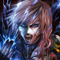 Rule 34 | 10s, 1girl, angry, blood, blood on face, blue eyes, electricity, female focus, final fantasy, final fantasy xiii, furious, lightning, lightning farron, long hair, open mouth, pink hair, raypass, solo, yojiro morioka