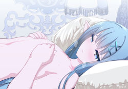 Rule 34 | 1girl, blue eyes, blue hair, blush, completely nude, covering privates, covering breasts, erin (granblue fantasy), flat chest, granblue fantasy, hair ornament, hairclip, lamp, long hair, lying, nagehazushi, nude, on back, on bed, pillow, pink lips, signature, solo, straight hair, upper body
