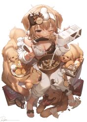 Rule 34 | 1girl, animal ears, artist name, blush, breasts, brown eyes, cleavage, commentary, dog ears, highres, holding carton, large breasts, light brown hair, looking at viewer, milk carton, mouth hold, one eye closed, original, pants, ryota (ry o ta), sandals, short hair, signature, simple background, solo, spoon, symbol-only commentary, white background, white pants, wooden spoon