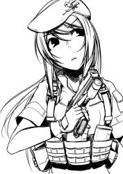 Rule 34 | 1girl, ammunition pouch, greyscale, gun, handgun, hat, hetza (hellshock), load bearing vest, looking up, magazine (weapon), military, military uniform, monochrome, original, pistol, pouch, short sleeves, simple background, solo, triangle mouth, trigger discipline, uniform, weapon, weapon request, white background