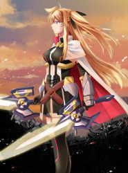 Rule 34 | 1girl, armor, bardiche (blitz saber form) (nanoha), bardiche (nanoha), black bow, black gloves, black thighhighs, blonde hair, bow, breasts, cape, cloud, commentary request, duplicate, fate testarossa, fate testarossa (blaze iii), from side, gloves, hair bow, highres, long hair, lyrical nanoha, mahou shoujo lyrical nanoha strikers, medium breasts, multicolored cape, multicolored clothes, pixel-perfect duplicate, red cape, red eyes, sky, solo, sougetsu izuki, sweat, thighhighs, thighs, white cape, wreckage, zettai ryouiki