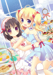 Rule 34 | 2girls, :d, ahoge, aino osaru, bare shoulders, blonde hair, blue eyes, blush, brown eyes, brown hair, dress, food, hairband, headdress, highres, lolita hairband, looking at viewer, macaron, multiple girls, open mouth, original, outstretched arm, sandwich, short hair, smile, tiered tray, twintails