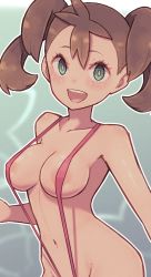 Rule 34 | 1girl, :d, alternate breast size, areola slip, blush, breasts, brown hair, commentary, creatures (company), game freak, green eyes, highres, lamb-oic029, large breasts, looking at viewer, navel, nintendo, one-piece swimsuit, open mouth, pink one-piece swimsuit, pokemon, pokemon xy, round teeth, shauna (pokemon), slingshot swimsuit, smile, solo, swimsuit, teeth, twintails, upper body, upper teeth only