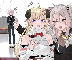 Rule 34 | 3girls, alternate costume, animal ear fluff, animal ears, black jacket, black shirt, blonde hair, blush, bottle, breasts, cat ears, cat girl, collared shirt, commentary, cup, dress, drinking glass, english commentary, fangs, fire, formal, fur trim, grey eyes, hievasp, highres, holding, holding bottle, holding cup, hololive, horns, jacket, lion ears, lion girl, looking to the side, medium breasts, multiple girls, nekomata okayu, open mouth, parted lips, purple eyes, purple hair, sheep ears, sheep horns, shirt, shishiro botan, short hair, smile, suit, tsunomaki watame, tsunomaki watame (1st costume), virtual youtuber, white dress, wine glass