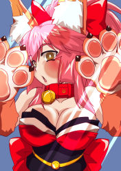 Rule 34 | 1girl, against fourth wall, against glass, animal ear fluff, animal ears, animal hands, artist request, bare shoulders, bell, blush, breast press, breasts, breasts on glass, cat paws, cheek squash, collar, commentary, commentary request, fang, fate/extra, fate/grand order, fate (series), fourth wall, fox ears, fox girl, gloves, hair ribbon, japanese clothes, jingle bell, kimono, large breasts, long hair, looking at viewer, neck bell, open mouth, paw gloves, phone wallpaper, pink hair, ponytail, red kimono, red ribbon, ribbon, solo, tamamo (fate), tamamo cat (fate), wallpaper, yellow eyes