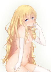 Rule 34 | 10s, 1girl, amagi brilliant park, bad id, bad pixiv id, blonde hair, blue eyes, blush, breasts, censored, drill hair, elbow gloves, flat chest, furrowed brow, gloves, highres, latifa fleuranza, light smile, long hair, looking at viewer, navel, nipples, nude, simple background, sitting, solo, thighhighs, very long hair, white gloves, white thighhighs, yaman (yamanta lov)