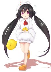 Rule 34 | 1girl, absurdres, amano kouki, ascot, bird, black hair, carrying, chick, chicken costume, flying sweatdrops, full body, hat, highres, long hair, looking at viewer, note-chan, original, purple eyes, shoes, simple background, solo, twintails, walking, white background