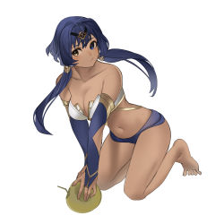 Rule 34 | 1girl, bandeau, bare legs, bare shoulders, barefoot, black hairband, blue eyes, blue gloves, blue hair, breasts, bridal gauntlets, candace (genshin impact), cleavage, collarbone, dark-skinned female, dark skin, elbow gloves, genshin impact, gloves, hairband, highres, lamota, long hair, medium breasts, midriff, navel, sidelocks, simple background, solo, stomach, thighs, white background, yellow eyes