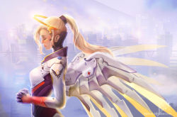 Rule 34 | 1girl, blonde hair, closed eyes, from side, halo, mechanical halo, mechanical wings, mercy (overwatch), nitinun bell varongchayakul, overwatch, overwatch 1, own hands together, ponytail, praying, solo, upper body, wings