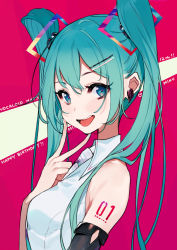 Rule 34 | 1girl, aqua eyes, aqua hair, character name, earrings, from side, hair ornament, hairclip, happy birthday, hatsune miku, highres, jewelry, long hair, looking at viewer, necktie, number tattoo, open mouth, pink background, red background, shirt, sidelocks, sleeveless, sleeveless shirt, solo, tattoo, twintails, upper body, vocaloid, white shirt, yuu (higashi no penguin)