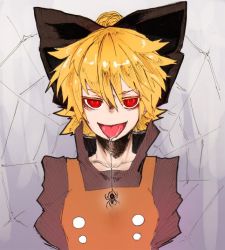 Rule 34 | 1girl, black bow, blonde hair, bow, brown shirt, bug, buttons, double-breasted, hair bow, kurodani yamame, looking at viewer, orange vest, popped collar, red eyes, reiga (act000), saliva, shirt, smile, solo, spider, tongue, tongue out, touhou, vest