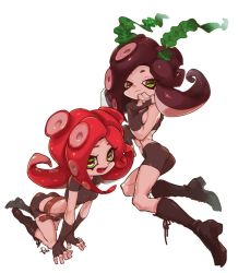 Rule 34 | 2girls, all fours, alternate hair color, ass, bad id, bad twitter id, bare shoulders, bent over, bike shorts, black hair, boots, breasts, crop top, elbow gloves, full body, gloves, green eyes, half-closed eyes, mask, midriff, multiple girls, navel, nintendo, octoling, open mouth, pani spla, seaweed, short eyebrows, short sleeves, sideboob, simple background, sleeveless, smile, takozonesu, tentacle hair, tentacles, white background