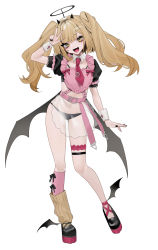 Rule 34 | 1girl, arm up, bebe (bebe pp), black footwear, black horns, black nails, black panties, blonde hair, demon girl, detached collar, fake halo, frills, full body, halloween, halo, highres, horns, low wings, nail polish, necktie, original, panties, puffy short sleeves, puffy sleeves, red necktie, see-through apron, shoes, short sleeves, simple background, smile, solo, twintails, underwear, w, white background, wings, wrist cuffs