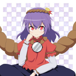 Rule 34 | 1girl, cato (monocatienus), checkered background, hair ornament, hand on own cheek, hand on own face, looking at viewer, mirror, purple hair, red eyes, rope, shimenawa, solo, touhou, yasaka kanako
