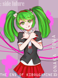 Rule 34 | 1girl, \m/, bear hair ornament, black necktie, black shirt, blood, blood splatter, bow, celestialstarfish, child, collared shirt, danganronpa (series), danganronpa 3 (anime), english text, eyelashes, female focus, green eyes, green hair, hair ornament, hairband, hand up, looking at viewer, matching hair/eyes, multicolored necktie, necktie, pink blood, red bow, red hairband, red headwear, red skirt, shirt, short sleeves, simple background, skirt, solo, solo focus, standing, tongue, tongue out, towa monaca, twintails, white necktie
