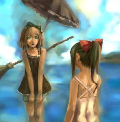 Rule 34 | 2girls, bamboo broom, blonde hair, broom, casual one-piece swimsuit, clothes pull, day, faux traditional media, female focus, hakurei reimu, kirisame marisa, multiple girls, ocean, one-piece swimsuit, one-piece swimsuit pull, outdoors, sky, speed painting, swimsuit, touhou, umbrella, water