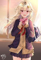 Rule 34 | 1girl, akino ell, bag, black ribbon, blazer, blonde hair, blush, breasts, cardigan, cowboy shot, floating hair, gift, hair flaps, hair ornament, hair ribbon, hairclip, highres, holding, holding gift, jacket, kantai collection, long hair, long sleeves, looking at viewer, messy hair, neckerchief, open mouth, pleated skirt, red eyes, red neckerchief, ribbon, school bag, school uniform, sidelocks, signature, skirt, smile, solo, sunset, valentine, wind, window, yuudachi (kancolle), yuudachi kai ni (kancolle)