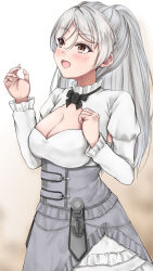 Rule 34 | 1girl, armpit cutout, breasts, brown eyes, cleavage, cleavage cutout, clothing cutout, conte di cavour (kancolle), dress, frilled dress, frills, grey dress, grey hair, highres, kantai collection, koru pera, large breasts, layered dress, long hair, long sleeves, open mouth, solo, two-tone dress, two side up, very long hair, white dress