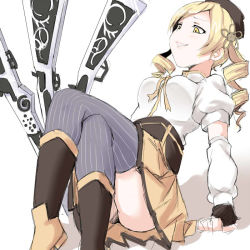 Rule 34 | 10s, 1girl, arm warmers, blonde hair, boots, crossed legs, darkside, drill hair, fingerless gloves, gloves, hat, legs, mahou shoujo madoka magica, mahou shoujo madoka magica (anime), sitting, skirt, solo, striped clothes, striped thighhighs, thighhighs, tomoe mami, vertical-striped clothes, vertical-striped thighhighs, yellow eyes, zettai ryouiki
