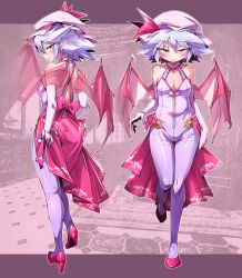 Rule 34 | 1girl, alternate costume, bat wings, blue hair, blush, breasts, cleavage, closed mouth, commentary request, hat, hat ribbon, high heels, looking at viewer, mob cap, multiple views, pink hat, red eyes, red footwear, red ribbon, remilia scarlet, ribbon, shimizu pem, short hair, small breasts, solo, touhou, wings