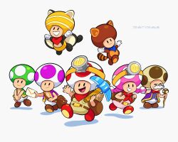 Rule 34 | 1girl, 6+boys, :d, animal costume, animal ears, arm up, artist name, backpack, bag, bandana, belt, black eyes, blue bandana, blue toad (mario), blush, bow, bowtie, brown bag, brown belt, brown footwear, brown shirt, cane, captain toad, captain toad: treasure tracker, closed eyes, closed mouth, commentary, english commentary, envelope, facial hair, fake animal ears, fake tail, floating, flying, flying squirrel toad (mario), glasses, green toad (mario), green vest, grin, hand up, headlamp, highres, holding, holding cane, holding envelope, holding pickaxe, jacket, looking at viewer, mailtoad, mario (series), multiple boys, mustache, new super mario bros. u, nintendo, open clothes, open mouth, open vest, own hands together, pickaxe, pink shirt, purple toad (mario), purple vest, raccoon ears, raccoon tail, red bandana, red bow, red bowtie, red footwear, round eyewear, satchel, scroll, shirt, shoes, simple background, smile, smirk, solid oval eyes, squirrel ears, super mario 3d land, tail, tanuki toad (mario), toad (mario), toadette, toadsworth, twintails, vest, vinny (dingitydingus), waving, white background, yellow toad (mario)