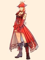 Rule 34 | 10s, 1girl, detached sleeves, earrings, final fantasy, final fantasy xiv, fingerless gloves, full body, gloves, green eyes, hat, highres, hyur, jewelry, looking at viewer, manreeree, red hair, short hair, simple background, smile, solo, standing, warrior of light (ff14)