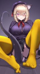 Rule 34 | 1girl, absurdres, animal ear fluff, animal ears, arknights, black hat, black shirt, black skirt, blonde hair, blush, breasts, button gap, cleavage, closed mouth, collared shirt, covering crotch, covering privates, feet, garter straps, glasses, hair over one eye, hat, highres, knees up, large breasts, leaning back, looking at viewer, miniskirt, neck ribbon, no panties, no shoes, official alternate costume, on floor, plaid, plaid skirt, pleated skirt, purple eyes, red ribbon, ribbon, shirt, short hair, sitting, skirt, smile, smug, solo, spread legs, tail, thighhighs, utage (arknights), utage (disguise) (arknights), v-shaped eyebrows, yamauchi (conan-comy), yellow thighhighs