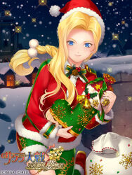 Rule 34 | 1girl, asymmetrical legwear, bell, belt buckle, blonde eyebrows, blonde hair, blue eyes, braid, braided ponytail, buckle, chimney, christmas, clock, clock tower, collar, commentary, copyright name, copyright notice, english text, footprints, game cg, gift bag, glycine bleumer, green footwear, green ribbon, green stripes, hair intakes, hair over breasts, hat, holding, holding clothes, holding footwear, jacket, logo, long hair, looking at viewer, low-tied long hair, mistletoe, neck ribbon, night, night sky, official art, on roof, pinecone, pom pom (clothes), red bag, red footwear, red jacket, ribbon, sack, sakura taisen, sakura taisen iii, santa costume, santa hat, sega, single braid, sky, smile, snow, snowflake ornament, snowing, sparkle, star (symbol), striped clothes, striped jacket, tower, vertical-striped clothes, vertical-striped jacket, vertical-striped sleeves, white collar, window, yuasa tsugumi