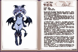 Rule 34 | 1girl, :p, black gloves, black panties, black sclera, black thighhighs, blue skin, blush, boots, breasts, character profile, clothing cutout, colored sclera, colored skin, demon girl, demon tail, demon wings, devil (monster girl encyclopedia), earrings, elbow gloves, gloves, grey hair, head wings, heart, heart cutout, horns, jewelry, kenkou cross, looking at viewer, monster girl, monster girl encyclopedia, monster girl encyclopedia ii, navel, official art, panties, pointy ears, red eyes, short hair, short twintails, skull, small breasts, solo, sweat, tail, text focus, thighhighs, tongue, tongue out, translation request, twintails, underwear, wings