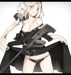 Rule 34 | 1girl, assault rifle, aug (girls&#039; frontline), bare shoulders, black dress, black jacket, black panties, blonde hair, blush, breasts, bullpup, clothes lift, collarbone, commentary, cowboy shot, dress, dress lift, ekuesu, english commentary, extended barrel, flower, girls&#039; frontline, groin, gun, hair flower, hair ornament, hair ribbon, jacket, letterboxed, lifting own clothes, long hair, looking at viewer, medium breasts, open clothes, open jacket, panties, ribbon, rifle, simple background, smile, steyr aug, strap slip, suppressor, sweat, underwear, weapon, white background, yellow eyes