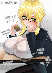 Rule 34 | 1girl, artoria pendragon (fate), artoria pendragon (lancer) (fate), black ba, black jacket, black pantyhose, black skirt, blonde hair, blush, bra, bra visible through clothes, braid, breast rest, breasts, bursting breasts, cleavage, cup, fate/grand order, fate (series), formal, french braid, glasses, green eyes, hair between eyes, hard-translated, head rest, highres, huge breasts, id card, jacket, long sleeves, looking at viewer, office lady, pantyhose, sanazura hiroyuki, shirt, sidelocks, sitting, skirt, solo, suit, table, third-party edit, underwear, white shirt