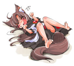 Rule 34 | 1girl, animal ears, barefoot, blood, blood splatter, brooch, brown hair, closed eyes, flying sweatdrops, full body, highres, imaizumi kagerou, jewelry, long hair, long sleeves, lying, on back, open mouth, paw pose, shinapuu, shirt, simple background, skirt, solo, tail, touhou, very long hair, wavy mouth, white background, wide sleeves, wolf ears, wolf tail