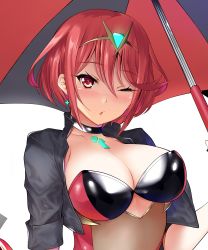 Rule 34 | 1girl, black jacket, blowing kiss, blush, breasts, chest jewel, choker, cleavage, collarbone, commentary request, cover, covered navel, cowboy shot, cropped jacket, daive, earrings, gluteal fold, highleg, highleg leotard, highres, holding, holding umbrella, jacket, jewelry, large breasts, leotard, looking at viewer, one eye closed, open mouth, pyra (xenoblade), race queen, red hair, see-through, short hair, short sleeves, simple background, solo, thighhighs, umbrella, white background, xenoblade chronicles (series), xenoblade chronicles 2