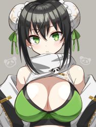 Rule 34 | 1girl, bare shoulders, bikini, blush, breasts, bun cover, cleavage, closed mouth, double bun, fate/grand order, fate (series), frozen yakan, green bikini, green eyes, green ribbon, grey background, hair bun, hair ribbon, highres, jacket, large breasts, looking at viewer, off shoulder, open clothes, open jacket, qin liangyu (chainsaw of the dead) (fate), qin liangyu (fate), ribbon, scarf, sidelocks, swimsuit, white jacket, white scarf