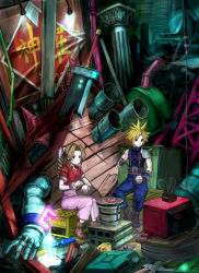 Rule 34 | 1990s (style), 1boy, 1girl, aerith gainsborough, blonde hair, bowl, brown hair, buster sword, cloud strife, cooking, dress, eating, final fantasy, final fantasy vii, food, gas can, grill, grilling, highres, jerry can, junjun (miniminitomato), long dress, long hair, pink dress, ponytail, retro artstyle, rice, rice bowl, save point, shichirin, sitting, sword, television, watching television, weapon