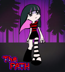 Rule 34 | 1girl, copyright name, crossover, english text, forest, long hair, nail polish, nature, panty &amp; stocking with garterbelt, parody, ruby (the path), skirt, solo, stocking (psg), the path