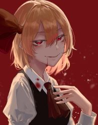 Rule 34 | 1girl, ascot, bad id, bad pixiv id, black vest, blonde hair, blood, blood from mouth, blood on clothes, blurry, blurry background, breasts, collared shirt, depth of field, eit (ikeuchi), hair between eyes, hair ribbon, half-closed eyes, hand on own chest, hand up, highres, juliet sleeves, long sleeves, looking at viewer, medium breasts, parted lips, puffy sleeves, red ascot, red background, red eyes, red ribbon, ribbon, rumia, shirt, short hair, simple background, sinister, smile, solo, touhou, tsurime, upper body, vest, wing collar