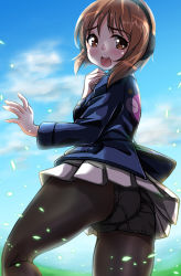 Rule 34 | 1girl, absurdres, anglerfish, ass, black pantyhose, blue jacket, blue sky, blurry, blurry background, brown eyes, brown hair, cloud, cloudy sky, commentary, crotch seam, day, emblem, fish, from behind, frown, girls und panzer, hand on own throat, headphones, highres, jacket, kentap, lace, lace-trimmed panties, lace trim, long sleeves, looking at viewer, looking back, military, military uniform, miniskirt, nishizumi miho, ooarai military uniform, open mouth, outdoors, panties, panties under pantyhose, pantyhose, pantyshot, petals, pleated skirt, shirt, short hair, skirt, sky, solo, standing, underwear, uniform, white skirt, wind, wind lift