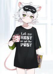 Rule 34 | 1girl, ahoge, animal ear fluff, animal ears, arm at side, artist self-reference, black nails, black shirt, book, closed mouth, clothes writing, commentary, cowboy shot, crossed bangs, cup, english commentary, extra ears, flat chest, green eyes, hand up, highres, holding, holding book, holding cup, light blush, looking at viewer, mask, mask on head, mouse ears, mouse girl, mouse tail, original, oversized clothes, oversized shirt, perl (vertigris), shirt, short hair, sidelocks, sleep mask, solo, standing, steam, tail, vertigris, white hair
