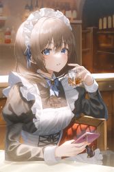 Rule 34 | 1girl, bar (place), blue eyes, brown hair, collared dress, cup, dress, fingernails, frilled dress, frills, glass, highres, holding, holding cup, holding phone, juliet sleeves, light, light particles, long sleeves, looking at viewer, maid, maid headdress, medium hair, nail polish, on chair, open mouth, original, phone, puffy sleeves, sitting, solo, table, white dress, zain (jiha3905)