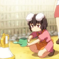 Rule 34 | 2girls, animal ears, apron, black hair, brown footwear, closed mouth, commentary request, dress, hair between eyes, inaba tewi, lunatic gun, multiple girls, orange apron, pink dress, rabbit ears, red eyes, reisen udongein inaba, shirosato, shoes, short hair, short sleeves, solo focus, touhou